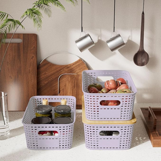 6-Pack Small 5 Qt Stackable Storage Bins with Bamboo Lids - Decorative Cute Plastic Baskets Boxes Containers with Labels for Organizing Shelves, Classroom, Closet, Desktop, Office - Purple-NeatNest