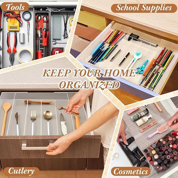 Expandable Kitchen Drawer Organizer Clear Acrylic Utensil Organizer Adjustable Acrylic Silverware Storage for Kitchen Drawers Silverware Flatware Knives(5-7 Compartments,12 x 16 Inches)