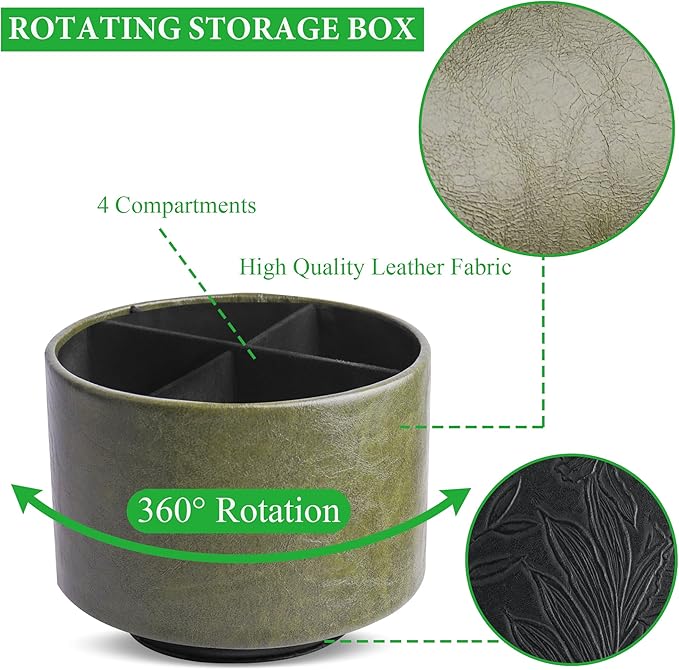 Hennaja Round Leather Art Supply Organizer,Remote Control Holder,360 Degree Spinning,Multi-Functional Pencil Holder,4 Compartments Desktop Stationary Organizer(1-Oil Green)-NeatNest