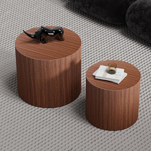 Round Nesting Coffee Table Modern Walnut Fluted Coffee Table Set of 2 Stripe Brown Round Coffee Tables Circle Drum Coffee Tables Side Table Accent End Table for Living Room (Dark Wood)