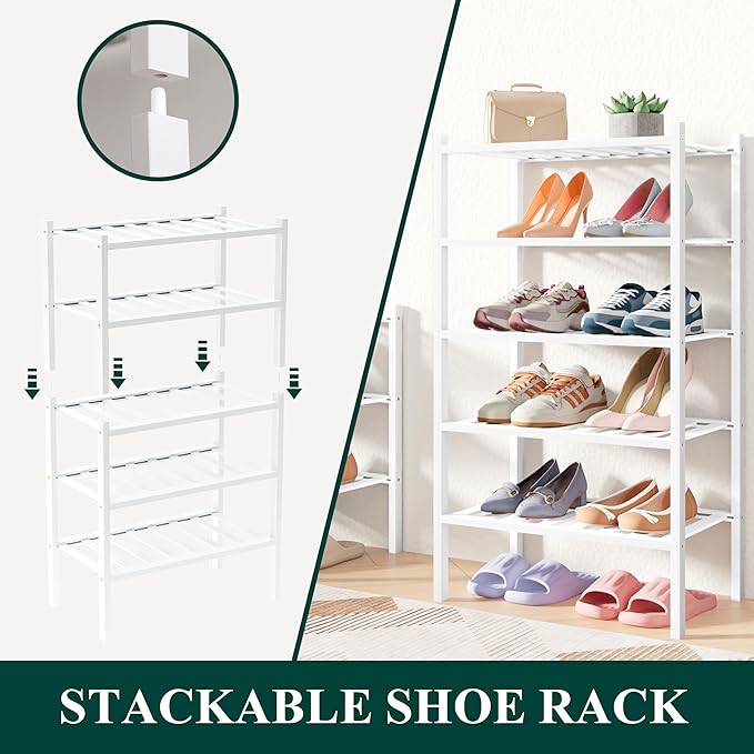 Smiry Bamboo Shoe Rack for Closet, 2 Tier Small Wooden Stackable Shoe Organizer, Free Standing Shoes Storage Shelf for Entryway, Front Door Entrance, White-NeatNest