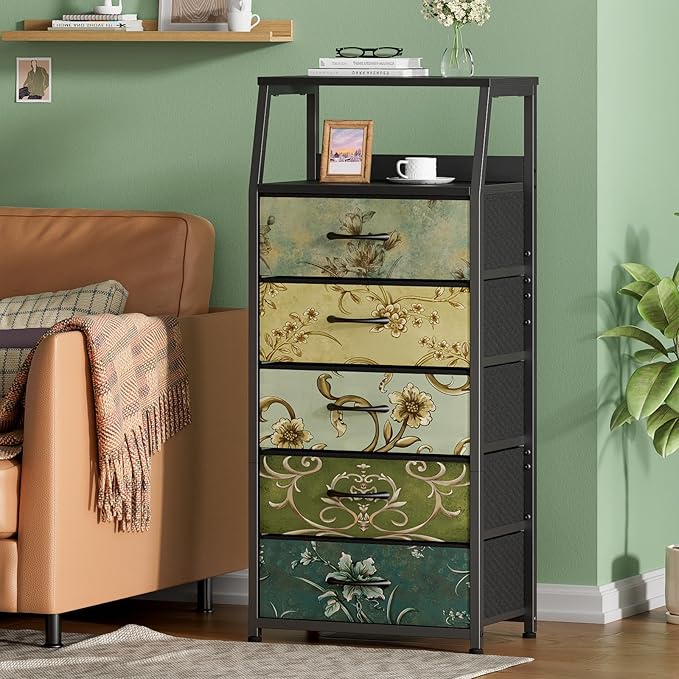 Furnulem Retro 5 Drawers Dresser, Tall Dressers for Bedroom, Closet, Hallway, Nursery, Fabric Storage Tower Organizer, Vertical Nightstand Side Table Furniture, Steel Frame, Wood Top-NeatNest
