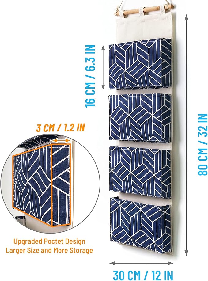 CROWNED 2Pcs Over Door Hanging Storage Bags Wall Mount Closet Organizer, 4 Big Pockets Linen Cotton Fabric Multi Functional Living Room Bedroom Bathroom File Magazine Waterproof Free Hooks Navy-NeatNest
