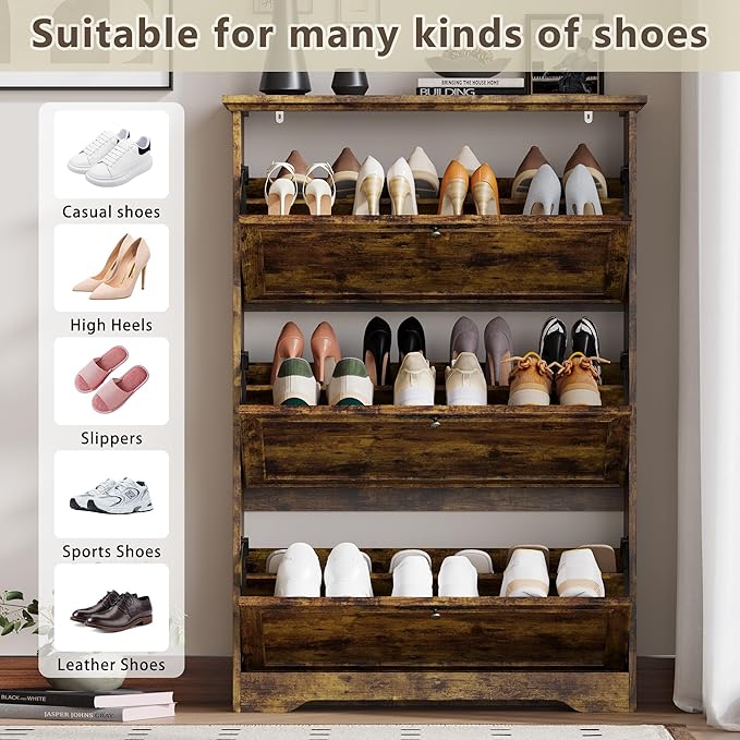 3 Flips Shoe Cabinet for Entryway, Narrow Shoe Storage Cabinet with Adjustable Shelves, Wooden Space-Saving Organizer and Rack for Foyer, Closet, Hallway