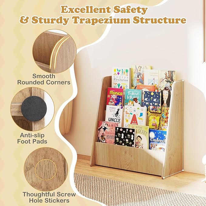 GLACER 4-Tier Kids Bookshelf, Wood Toddler Bookcase with Deep Magazine Display Shelf & Back Storage Space, Children Storage Organizer for Nursery, Playroom, Kids Bedroom, Classroom (Natural)