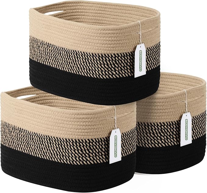 Cotton Rope Storage Basket, 15x10x9 Inches, Woven Basket for Shelves, Clothes, Toys, Towels, Books, and Laundry, Durable and Stylish, Gradient Black/Brown (3 Pack)-NeatNest