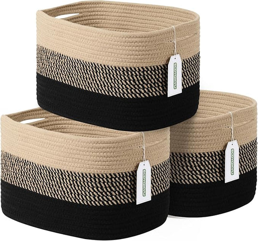 Cotton Rope Storage Basket, 15x10x9 Inches, Woven Basket for Shelves, Clothes, Toys, Towels, Books, and Laundry, Durable and Stylish, Gradient Black/Brown (3 Pack)-NeatNest