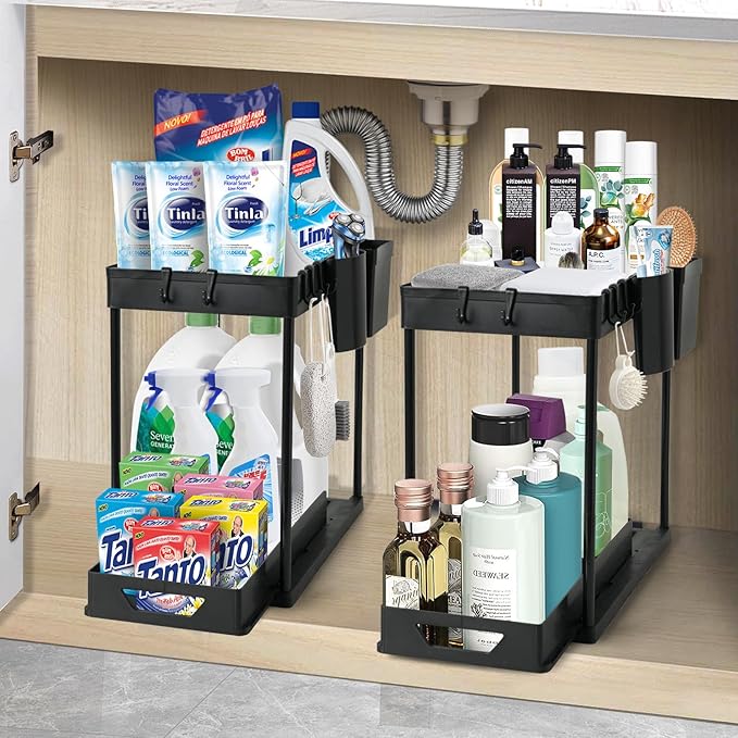 Under Sink Organizers Rack, 2 Tier Under Kitchen Organizer with Sliding Basket and Hooks, Multi-Purpose Bathroom Cabinet Organizers (Black)-NeatNest