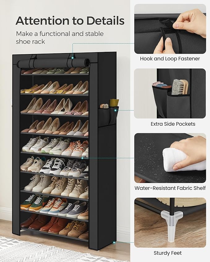 SONGMICS Shoe Rack with Non-Woven Fabric Cover, 9 Tier Storage Shelf for 40-50 Pairs of Shoes, Entryway, Suitable for Sneakers, High Heels, Flats, and Boots, Black URXJ36HV1-NeatNest