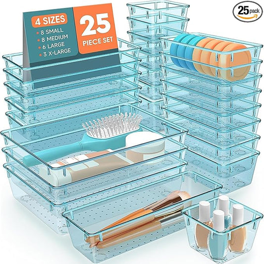 25 PCS Plastic Drawer Organizer Set, 4-Size Versatile Organizer Trays & storage Bins for Makeup, Jewelry, and Gadgets in Bathroom, Bedroom and Office, Sea Blue-NeatNest