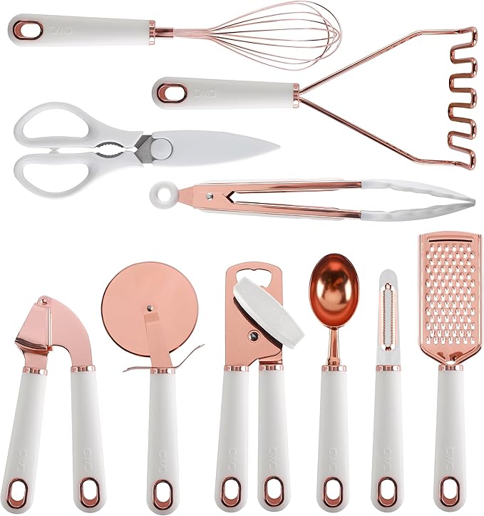 COOK WITH COLOR Kitchen Gadget Set Copper Plated Stainless Steel Utensils with Soft Touch Handles, Copper White, 10 Pieces-NeatNest
