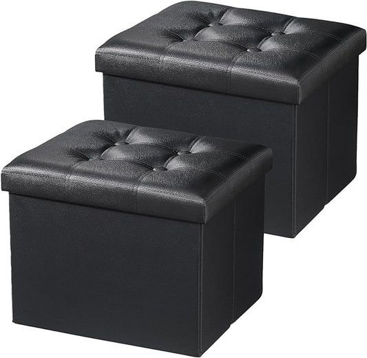 AmasSmile Storage Ottoman Folding Foot Rest Stool, Leather Footstool Bench, Short Ottoman Stool, Storage Foot Rest Store, Books (Black-2pc, 17" D x 13" W x 13" H)-NeatNest