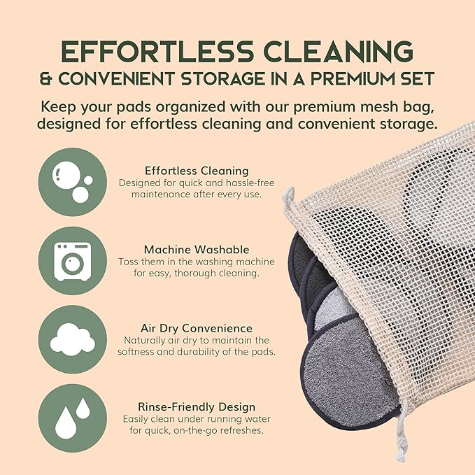 Greenzla Reusable Makeup Remover Pads Premium Set, 12 Pack Microfiber Cotton Pads, Charcoal Cotton Rounds, Bamboo Terry Face Wipes for All Skin Types with Mesh Laundry Bag and Bamboo Storage-NeatNest