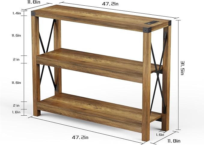 47.2" Entryway Table with Outlets and USB Ports, Console Table with 3-Tier Open Storage Shelves, Wooden Sofa Table with Metal X-Shaped Design for Living Room/Couch/Hallway/Foyer, Rustic Oak-NeatNest