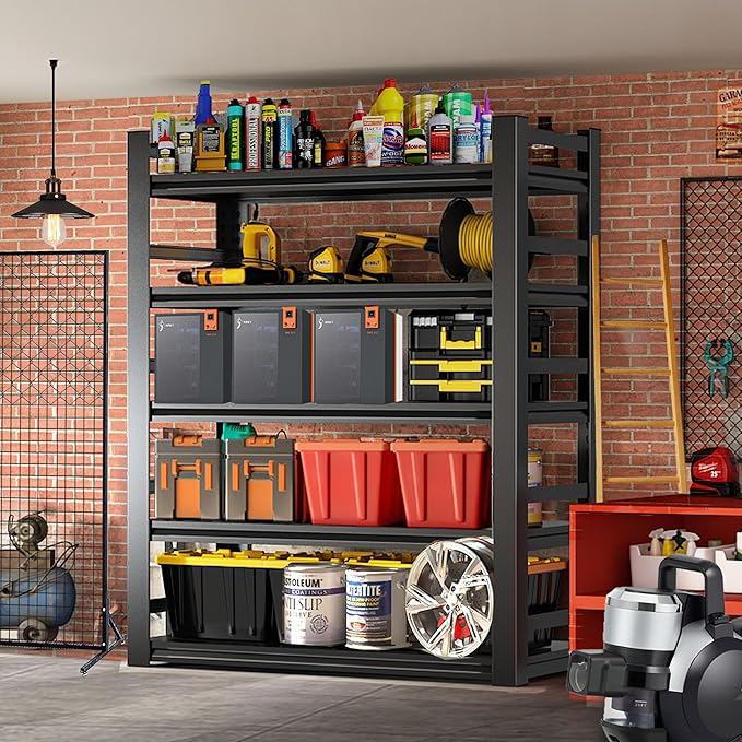 Garage Shelving, Storage Shelves Heavy Duty, 5-Tier Adjustable Black Shelving, 3000Lbs Utility Shelf for Garage/Basement/Kitchen, 72”H×48”W×24”D-NeatNest