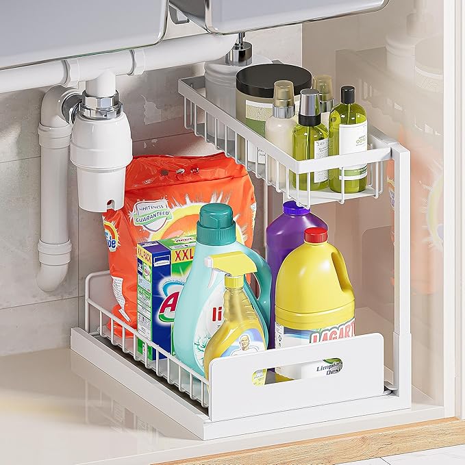 VUSIGN Under Sink Organizer and Storage, Slide Out Cabinet Organizer, Pull Out Sink Shelf for Kitchen Bathroom Laundry, White, 1 Pack-NeatNest