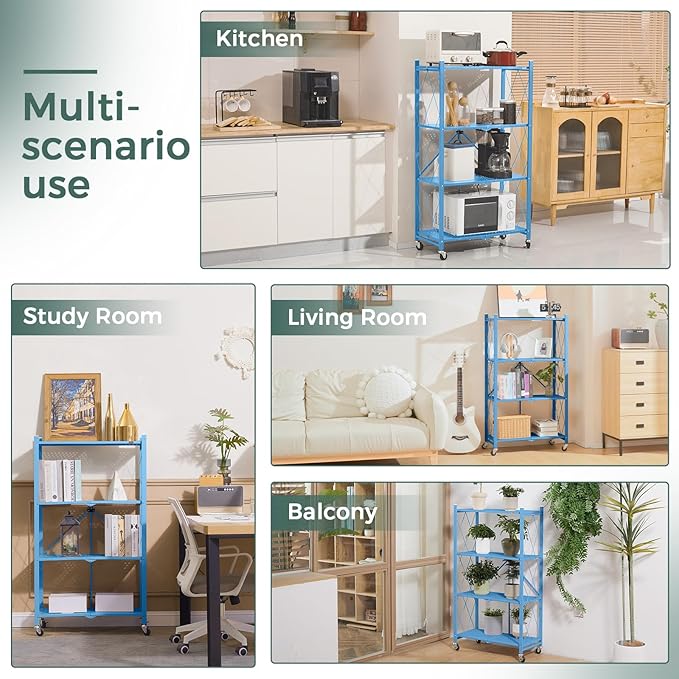 DEANIC 4 Tier Foldable Storage Shelves with Wheels, Large Capacity Shelving Unit, Freestanding Metal Wire Shelf Rack, No Assembly Organizer Rack for Garage Kitchen, Basement(Blue)-NeatNest