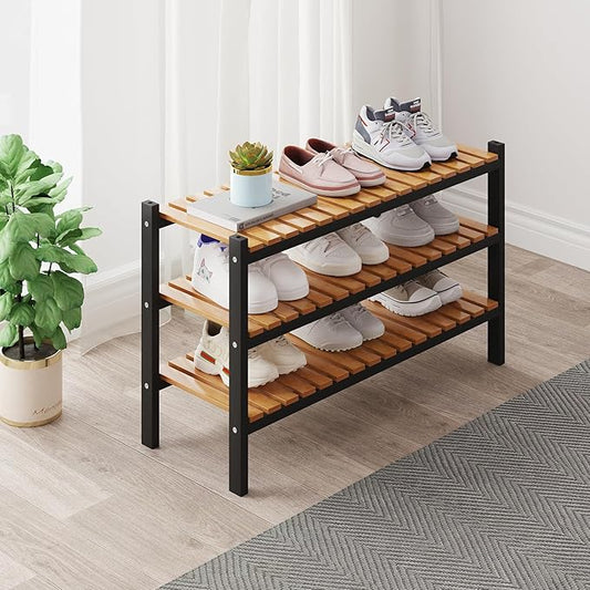 Bamboo Shoe Rack Organizer for Closet and Entryway - Space-Saving Narrow Shoe Stand - Versatile Shoe Holder for Door or Closet Shelf, Garage Bedroom can Freely Stack DIY Small Shoe Racks 3 Tier-NeatNest