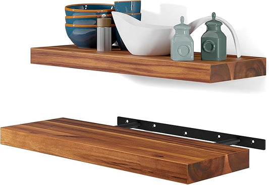 BATODA Set of 2 17" Acacia Wood Floating Shelves Wall Mounted – Rustic Farmhouse Wooden Wall Storage Shelf for Bedroom, Kitchen, Home Décor - Brackets and Shelving Mounting Hardware Included-NeatNest