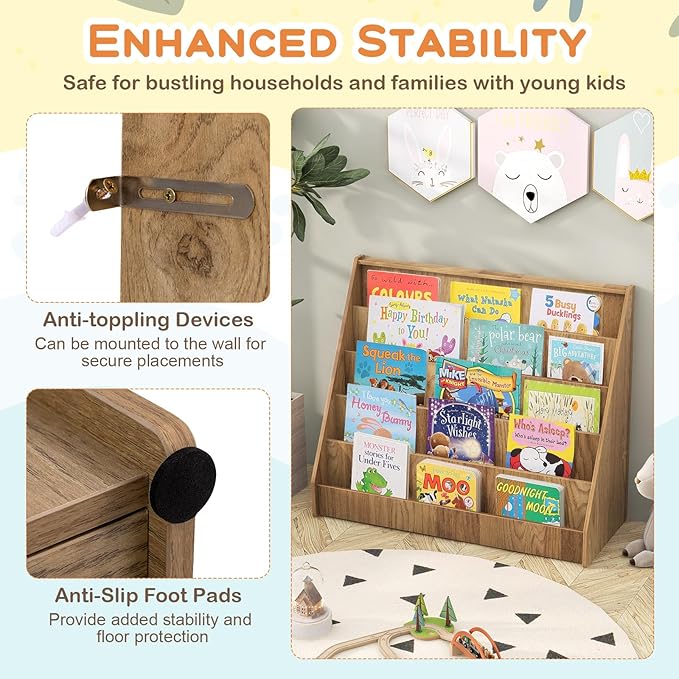 Costzon 5-Tier Kids Bookshelf, Wooden Children Bookcase, Toddler Book Rack, Magazine Storage & Display Shelf, Book Shelf for Kids Room, Living Room, Nursery, Classroom (Natural)-NeatNest