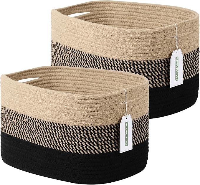 Cotton Rope Storage Basket, 15x10x9 Inches, Woven Basket for Shelves, Clothes, Toys, Towels, Books, and Laundry, Durable and Stylish, Gradient Black/Brown (2 Pack)-NeatNest