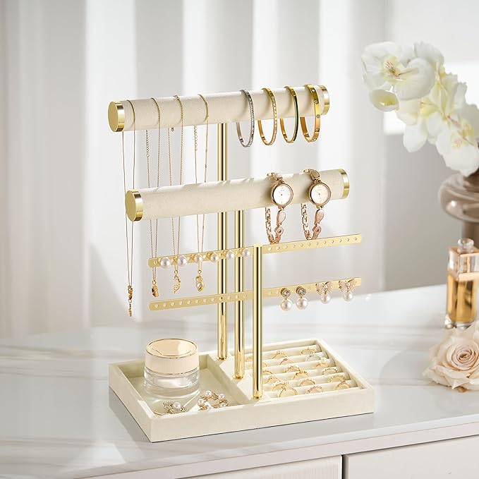 3 Tier Bracelet Holder Display - Detachable T Bar Beige Velvet Bracelet Holder, Jewelry Holder Organizer for Bracelet, Necklace, Earrings, Rings