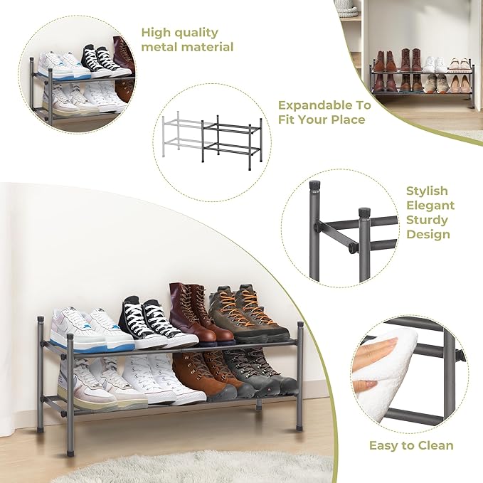 Shoe Rack, Expandable Shoe Storage Organizer for Closet, 2 Tier Metal Shoe Rack for Entryway, Adjustable Small Shoe Shelf for Front Door Entrance, Small Space, Garage-NeatNest