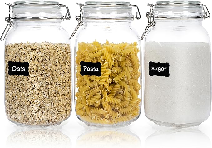 CHEFSTORY 50oz Airtight Glass Jars with Lids, 3 PCS Food Storage Canister for Kitchen & Pantry Organization, Square Mason Jar Containers for Storing Sugar, Flour, Cereal,Coffee,Cookies-NeatNest
