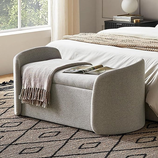 mopio Sophie 51" Ottoman Storage Bench, Entryway and Window Seating, End of Bed Curved Stool for King & Queen Bed, Storage Chest for Bedroom (Light Gray Fabric)