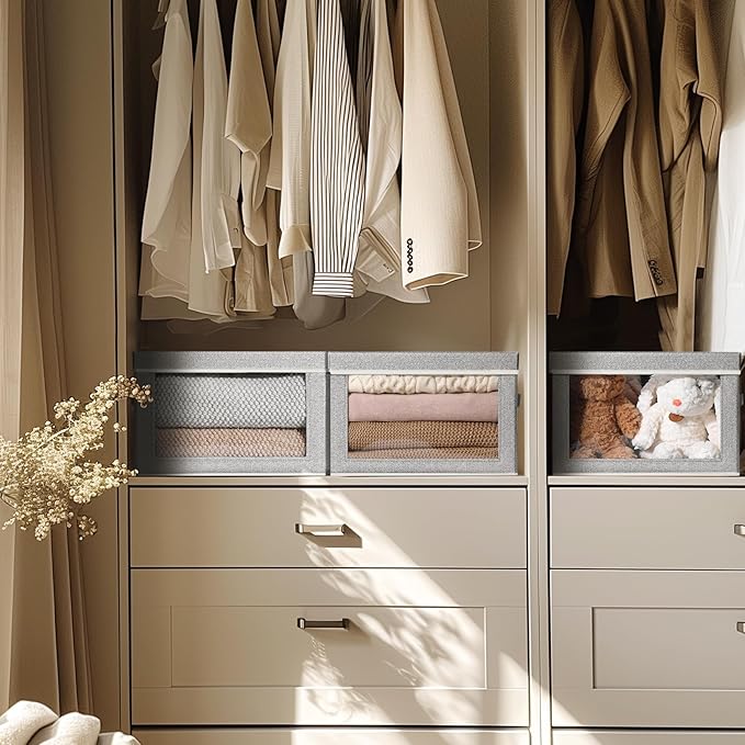 Foldable Storage Bin with Lid - Closet Storage Organizer with Window, Storage Bins with Lids for Clothes, Fabric Storage Baskets for Shelves, Bedroom, Dorm, Light Grey, 4 Pack-NeatNest