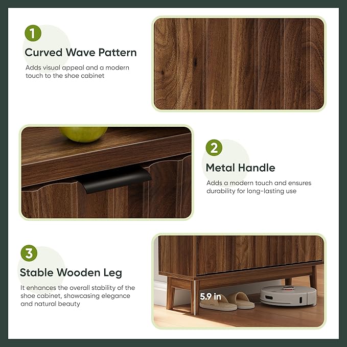 Shoe Cabinet with 2 Flip Fluted Panel Drawers, Hidden Shoe Organizer with Solid Wood Legs, Entryway Shoe Rack Cabinet for Hallway, Walnut