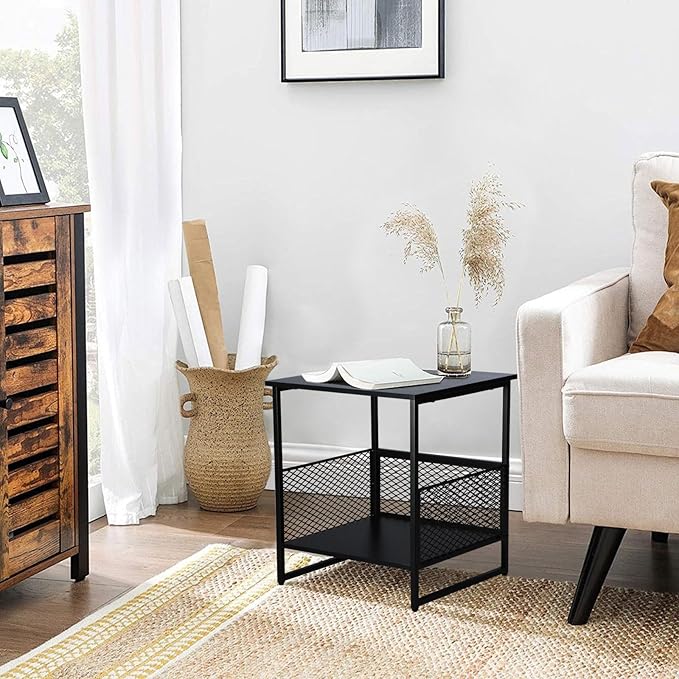 End Table, Square Side Table, Couch Side Table with 2 Tier Storage, Great for Printer Stand, Mini Fridge Stand, Nightstand, Ideal for Living Room, Bedroom, Office（2 Pack）