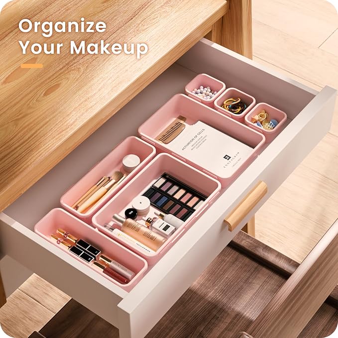 【𝟮𝟮𝗣𝗖𝗦】A-LUGEI Plastic Pink Desk Drawer Organizer, Bathroom Organizers and Storage, Makeup Organizer, Organization and Storage Bin Container for Vanity Office Utensils Gadget Tool Pantry Cosmetic-NeatNest