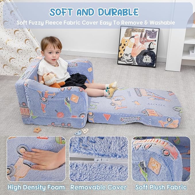 Comfy Toddler Chair and Couch for Kids with Blanket,2-in-1 Soft Plush Fold Out Toddler Couch for Girls and Boys,Convertible Sofa to Lounger for Playroom,Car Excavator-NeatNest