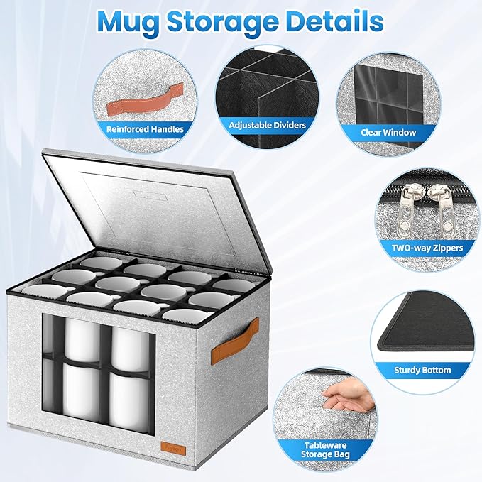 2-Layer Coffee Mug Storage Box with Dividers, Cup Storage Organizer with Zipper Lid and Handles, Stackable China Storage Containers Service for 24 Mugs, Cups and Glasses, Light Grey-NeatNest