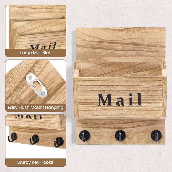 Mail and Key Holder - Decorative 9.8" x 12.5" Wall Key Hanger with 2 Mail Organizer Slots and 3 Hooks - Real Paulownia Wood with Keyhole Brackets, Hardware and Instructions (Wood)