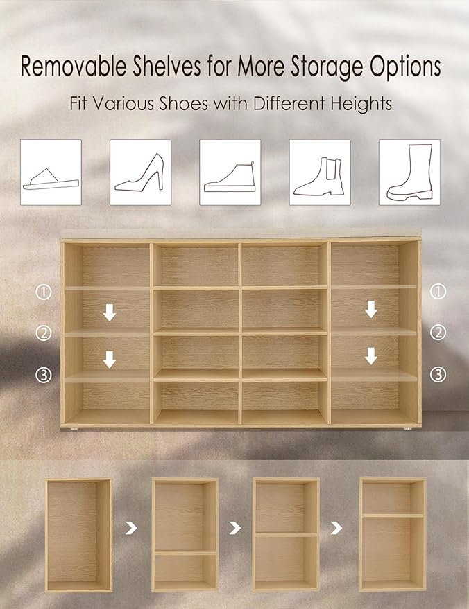 DINZI LVJ Shoe Storage Bench with Cushion, 16-Cubby Shoe Rack, Adjustable Shelves, 40.9" Long Shoe Organizer Bench for Entryway, Mudroom, Hallway, Garage, Natural and Cappuccino Beige-NeatNest