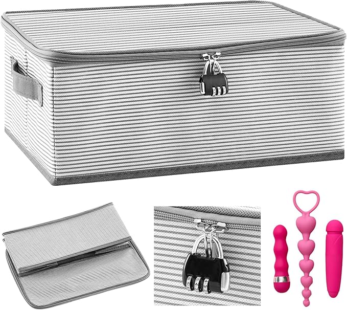 Discreet Lockable Adult Toy Storage Organizer Adult Toy Bag Storage Bins Case with Zipper Lid 15 x 10 x 5.9 Inches for Women and Men Clothes Container(Gray Stripes)-NeatNest