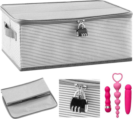 Discreet Lockable Adult Toy Storage Organizer Adult Toy Bag Storage Bins Case with Zipper Lid 15 x 10 x 5.9 Inches for Women and Men Clothes Container(Gray Stripes)-NeatNest