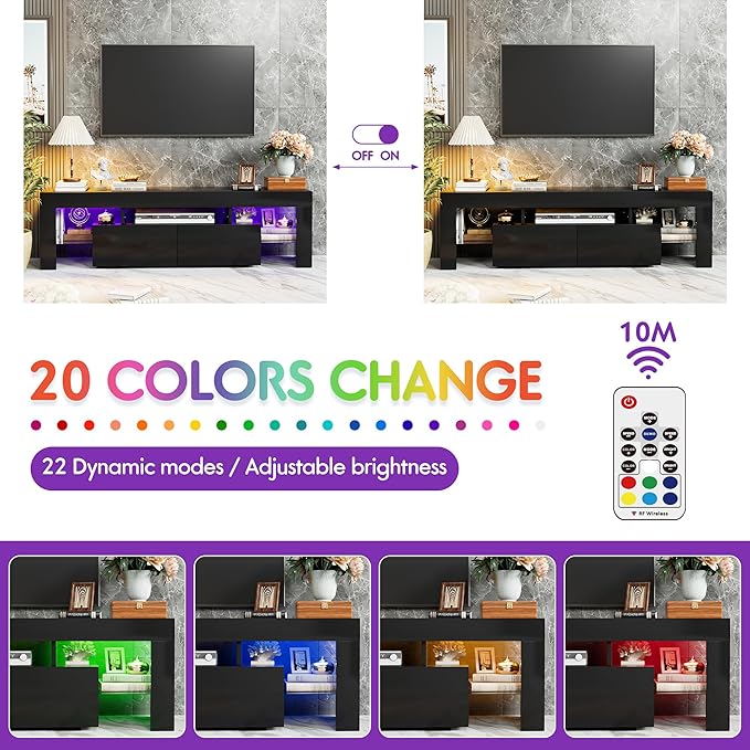 JUMMICO TV Stand, Modern Lighting TV Cabinet Entertainment Center Media and Open Shelf, TV Console Table with 1 Drawer and Remote Control, 20 Color LED Lights up to 70 Inch TV (Black)-NeatNest