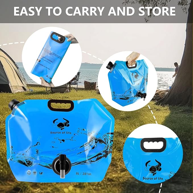Collapsible 8L Water Storage Bag, BPA-Free Portable Folding Water Jug with Adjustable Faucet, Leakproof Emergency Water Bag for Camping, Hiking, Riding, Outdoor Sport (Blue, 2)-NeatNest