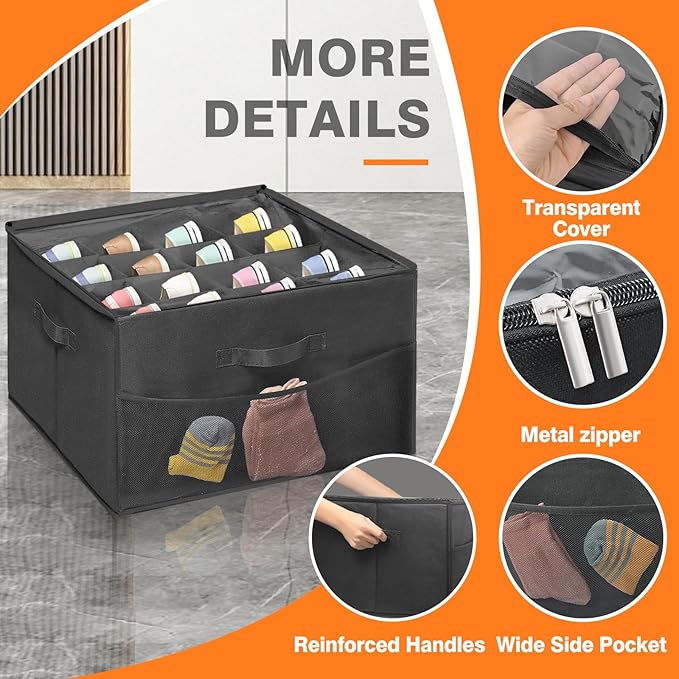16 Pairs Shoe Organizer Storage for Closet, Foldable Shoe Dividers for Storage Bins with w/Adjustable Dividers Clear Shoe Box Containers, Black-NeatNest