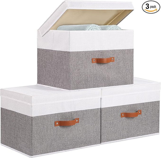 Fabric Storage Boxes with Lids, Linen Foldable Cloth Baskets, 17.7 x 11.8 x 11.8 Inch Closet Organizer Containers with Double Handles, Sweater Bins for Bedroom, White and Grey, 3 Pack-NeatNest