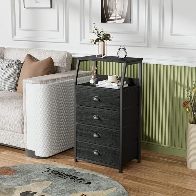 Furnulem Tall 4 Drawers Dresser, Vertical Storage Tower Black Dresser for Bedroom, Hallway, Entryway, Nursery, Closet Organizer, Nightstand Bedside Table Furniture, Sturdy Steel Frame, Wood Top-NeatNest