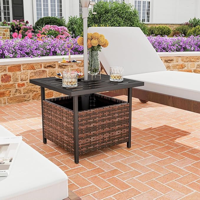 Patio Side Table with Umbrella Hole, 22" Rattan Wicker Umbrella Stand Table, Outdoor End Table for Patio, Garden, Poolside & Yard (Mix Brown)