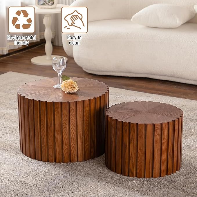 Round Coffee Table Set of 2, Nesting Coffee Table and End Table Set Small Circle Drum Side Table for Living Room Office, No Assembly (C Walnut Small)