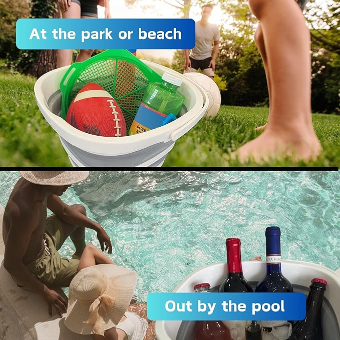 Collapsible Bucket 10L (2.6 Gallon) – BPA-Free Folding Silicone with Handle, Spout & Hook | Compact, Space-Saving for Mop, Cleaning, Car Wash, Camping, Beach, and Outdoor Use (Grey)-NeatNest