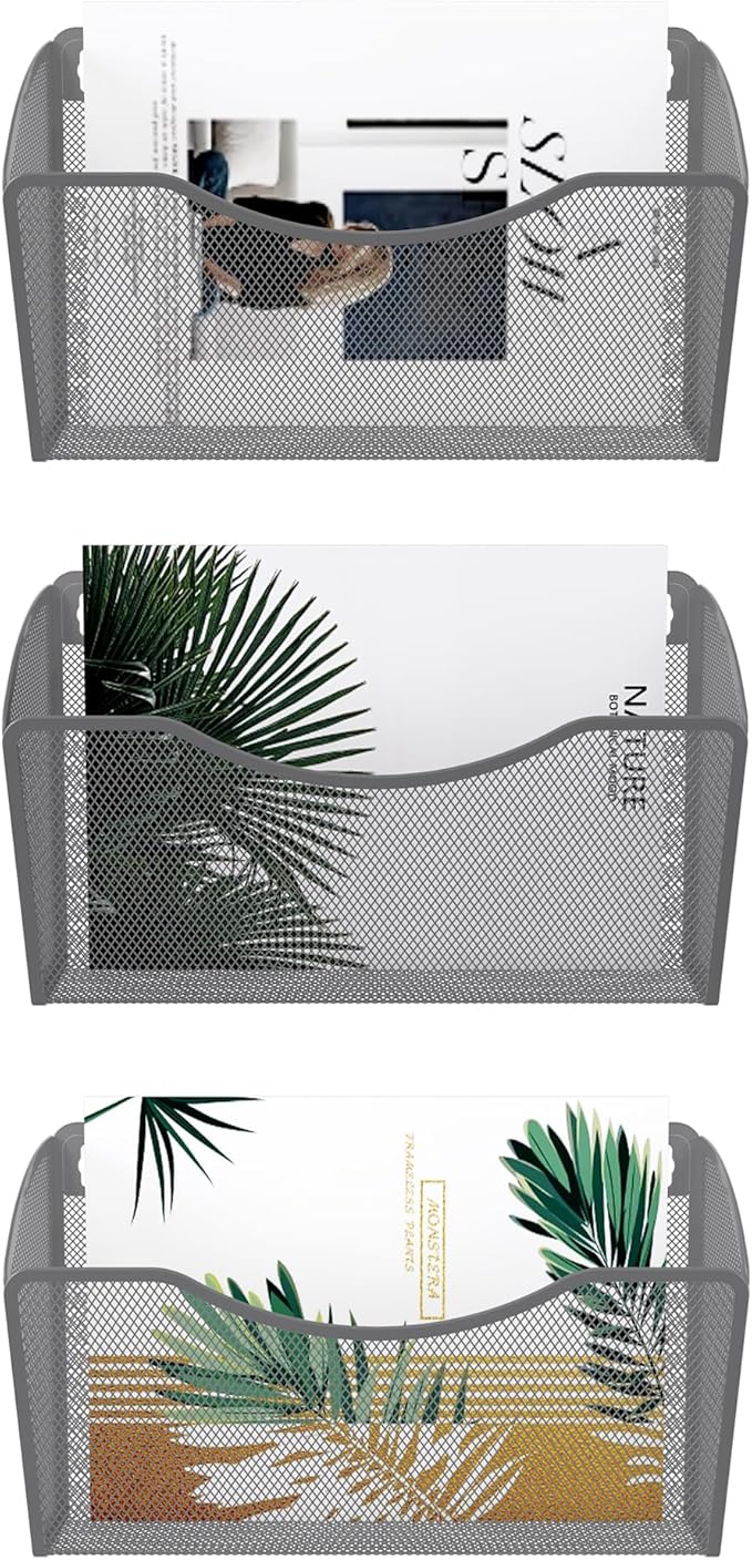 EasyPAG 3 Pack Wall File Holder, Single Mesh Hanging File Organizer for A4 Letter Size Paper, Wall Mount Paperwork Basket for Office, Home, School, Silver