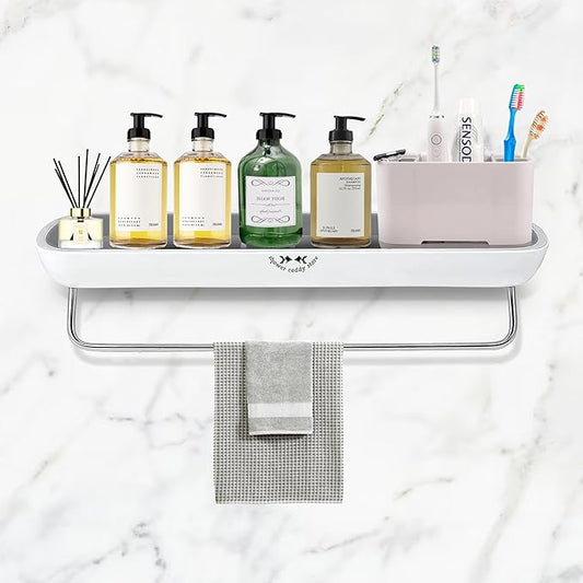 Shower Caddy - Wall Mounted - with Towel Bar - Extra Strong Self Adhesive - No Drilling - Easy Drainage - Stylish and Space Saving - Rustproof (White/Gray)
