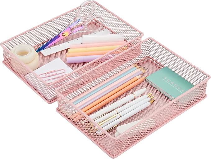 Annova Mesh Stackable Drawer Cabinet and Shelf Organizer Bins Storage Basket School Office Supply Holder Tray- Set of 2 (Light Pink, 6x9x2 Inch)-NeatNest